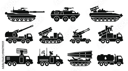 A set of military vehicle icons. Includes tanks, rocket launchers, and army trucks. Simple black silhouettes for infographics, web design, or game assets.
