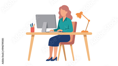 A businesswoman works on a computer in a modern office. Flat vector illustration for corporate, freelance, and technology concepts. Professional and productive workplace scene.