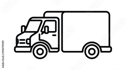 A simple black line art icon of a delivery truck. A minimalist vector graphic for logistics, shipping, transport, and e-commerce services. Symbol of freight and moving.