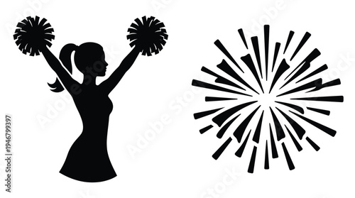 Black vector silhouette of a cheerleader with pom-poms and a firework burst. A dynamic icon for sports, school events, celebration, and team spirit designs.