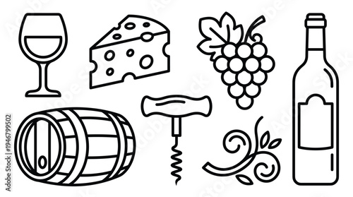 A set of linear icons for wine tasting. Includes bottle, glass, grapes, cheese, barrel, and corkscrew. Perfect for menu design, logos, winery branding, and food blogs.