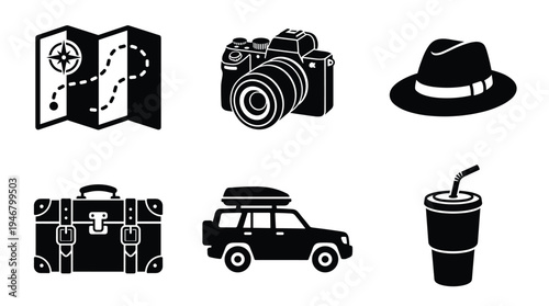 A set of black travel and vacation icons. This minimalist vector collection includes a map, camera, suitcase, car, hat, and drink for tourism or road trip concepts.