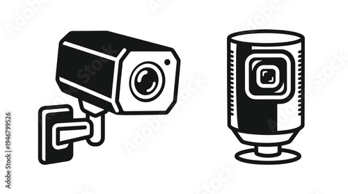 A set of two black security camera icons. A simple vector graphic for CCTV, surveillance, and safety systems. Perfect for web design, apps, and digital security concepts.