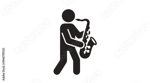 Simple black silhouette icon of a saxophonist playing jazz music. A vector graphic symbol for a concert, festival, or band. A minimalist design of a musician.
