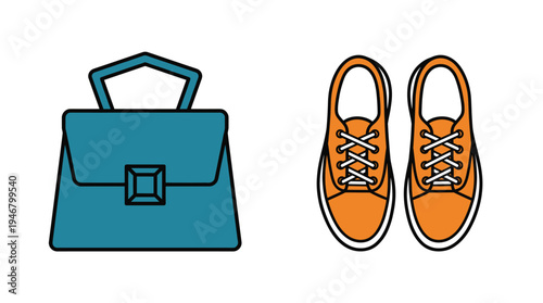 A flat vector icon set of a blue business handbag and orange sneakers. Isolated illustration for fashion, shopping, or lifestyle concepts.