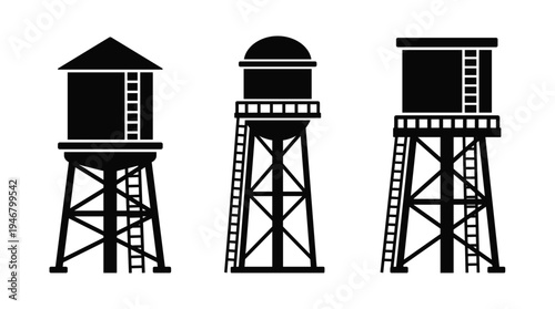 A set of three industrial water tower silhouettes. A graphic vector icon collection for logos, urban infrastructure design, and rural town concepts. Clean and simple illustration.