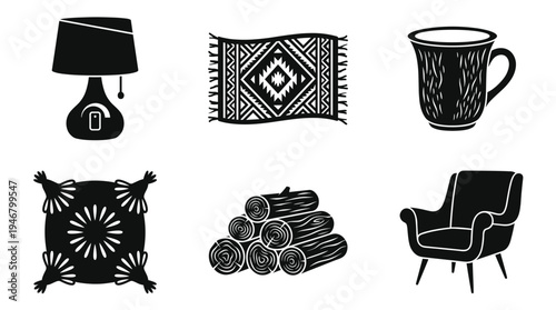 A collection of cozy home icons for comfort and relaxation. Includes a lamp, rug, mug, pillow, logs, and armchair. Perfect for interior design or lifestyle branding concepts.