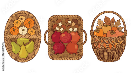 A set of autumn harvest baskets with pumpkins, pears, pomegranates, mushrooms and persimmons. Vector illustration for Thanksgiving, fall festival or seasonal food design.