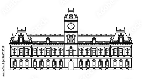 A detailed line art illustration of a grand, classic European building with a central clock tower. Symmetrical facade vector for architecture, travel, or historical themes.