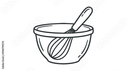 A simple hand-drawn vector icon of a mixing bowl and whisk. Minimalist outline illustration for cooking blogs, recipes, culinary branding, and kitchen-themed designs.