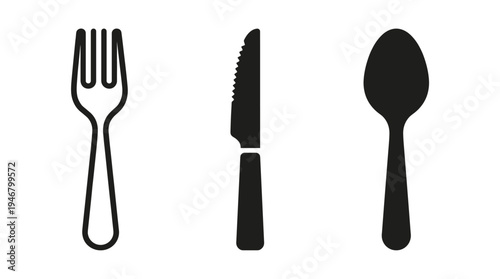 A simple black silhouette icon set of a fork, knife, and spoon. Minimalist vector illustration for restaurant menus, food blogs, or cafe branding and tableware symbols.