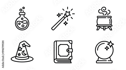 A set of magic and wizardry line icons. Includes a potion, wand, cauldron, wizard hat, spell book, and crystal ball. Perfect for fantasy games, apps, and websites.