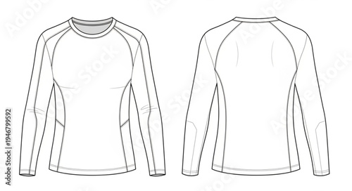 Long Sleeve Raglan Shirt Technical Drawing Front and Back Views.