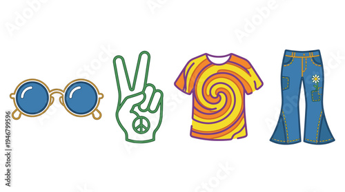 A vibrant vector set of 1960s-70s hippie fashion icons: sunglasses, peace sign, tie-dye shirt, and bell-bottoms. Perfect for retro designs, parties, or nostalgic themes.