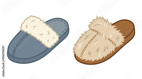A vector set of two cozy home slippers, a blue mule and a brown furry moccasin. Perfect for themes of comfort, warmth, home life, hygge, and winter relaxation.