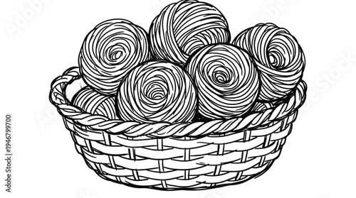 Hand drawn black and white illustration of yarn balls in a basket. Cozy hobby concept for knitting, crochet, or craft projects. Minimalist vector art for creative design.