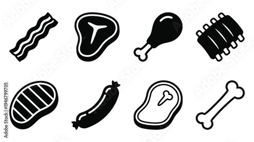 A comprehensive set of simple black and white vector icons representing various meat products like bacon, steak, chicken, ribs, and sausage, ideal for food-related designs, menus, or grocery apps.