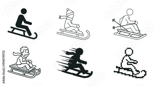 A collection of six sledding people icons in different graphic styles. Vector set includes pictogram, line art, pixel, and silhouette for winter sports and holiday design projects.
