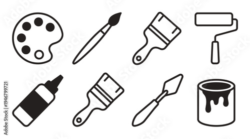 A collection of black line icons representing painting tools for art, creativity, and renovation. Includes palette, brush, roller, and paint for design projects.