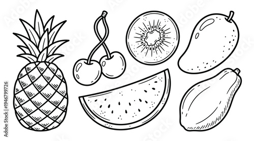 A collection of hand-drawn tropical fruits in a simple outline style. Includes pineapple, watermelon, and mango. Perfect for coloring, menus, and healthy food concepts.