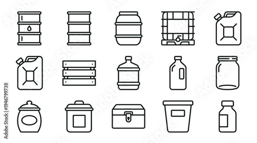 Collection of minimal vector line icons. Features diverse containers like oil barrels, water jugs, jerrycans, and jars. Ideal for logistics, packaging, or industrial design.