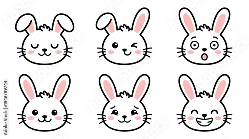 A set of cute kawaii bunny faces with various funny emotions. Vector illustration collection perfect for Easter, children's design, stickers, avatars, and emoticons.