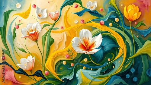 Colorful abstract flowers flowing through elegant swirling shapes and vibrant botanical forms. A modern artistic composition inspired by nature, movement, and harmony.