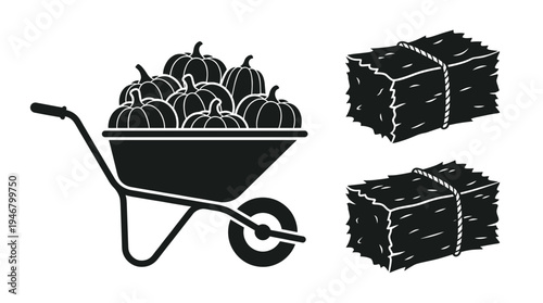 A black vector icon set featuring a wheelbarrow full of pumpkins and hay bales. Perfect for autumn, harvest, farming, Halloween, or Thanksgiving themed graphic designs.
