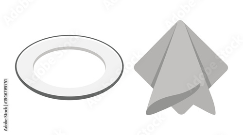 A clean, minimalist vector illustration of a white plate and a grey napkin. Perfect icon for restaurants, menus, food blogs, and hospitality design.