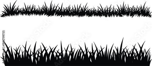 Set of black grass silhouette borders with various lawn textures, outdoor nature field vector for landscape