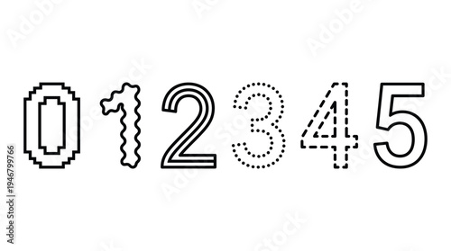 A creative vector set of numbers from zero to five. Each numeral features a unique black outline style: pixel, wavy, striped, dotted, dashed, and clean. Modern graphic design element.