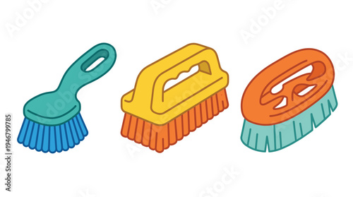 A colorful set of three vector scrub brushes for household cleaning. This simple, modern illustration is perfect for hygiene concepts, chore charts, and cleaning service icons.