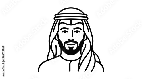 A minimal black and white line art vector portrait of an Arab man with a beard wearing a traditional ghutra headdress. Ideal for logos, icons, and cultural representation.