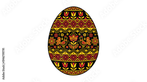 A vector illustration of a traditional Easter egg with folk art patterns. Ornate design with flowers, birds, and geometric shapes, perfect for holiday and cultural projects.