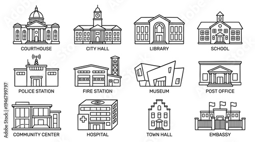 Set of linear icons of city public and government buildings. Vector symbols for infographics, web design, and presentations. Includes courthouse, school, hospital, police.