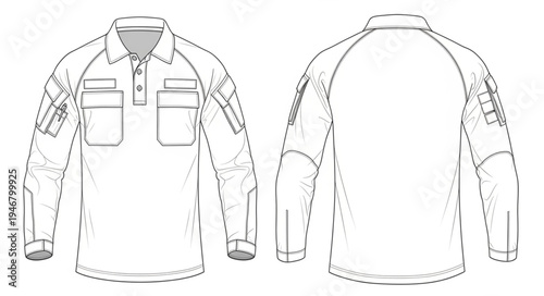 Detailed Line Art of a Tactical Combat Shirt Design.