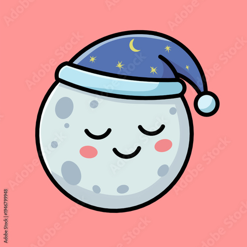 Cute Moon Wearing Nightcap Illustration, Kawaii Sleeping Moon for Bedtime