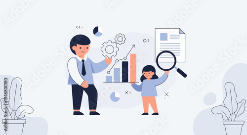 Two individuals review charts and documents with a magnifying glass