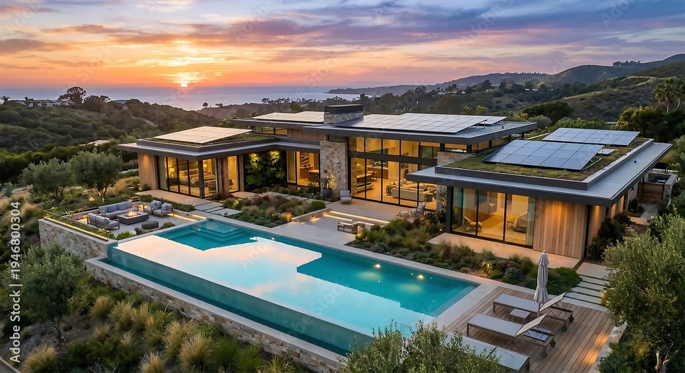 Fototapeta premium Modern sustainable luxury villa with solar panels on the roof and a crystal clear swimming pool at sunset
