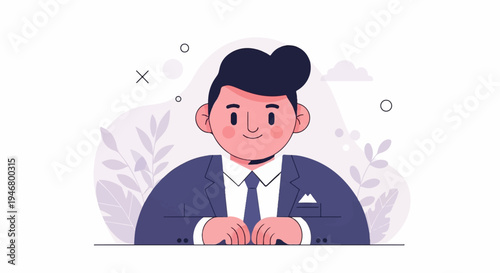 A stylized, friendly man in a blue suit with dark hair sits at a desk