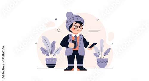 Stylish person in winter hat and glasses, holding a phone and tablet, with plants