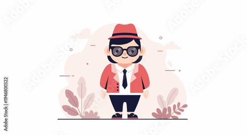 A cartoon character in a red hat, suit jacket, tie, and glasses, with plants and clouds