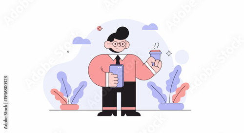 Animated man in formal wear holding a tablet and a steaming coffee cup