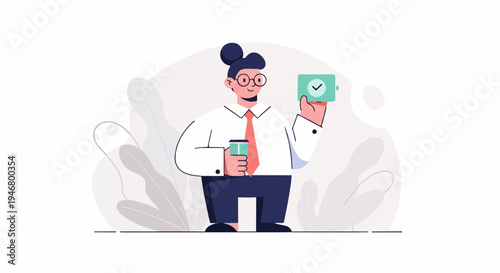 A person in business attire holds a coffee cup and a badge with a checkmark