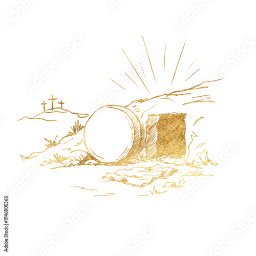 Minimalist illustration golden empty tomb of Jesus Christ symbolizing resurrection, hope. Christian Easter concept with open stone tomb, soft warm tones, spiritual, biblical theme. Vector	

