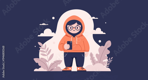 A cartoon character in an orange hoodie, glasses, and dark pants holds a smartphone