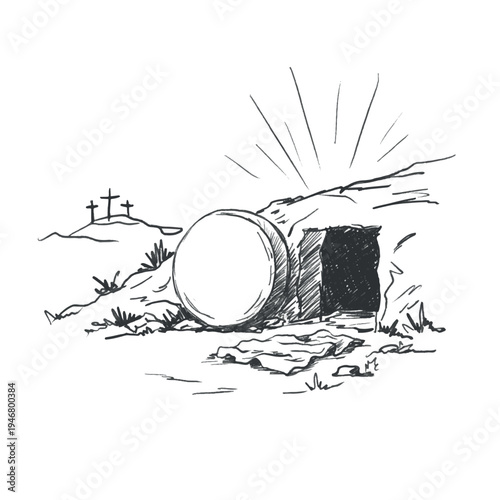 Minimalist illustration empty tomb of Jesus Christ symbolizing resurrection, hope. Christian Easter concept with open stone tomb, soft warm tones, spiritual, biblical theme. Vector	
