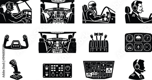 Professional Airplane Cockpit and Pilot Operations Icon Set Featuring Aircraft Controls Instrument Panels Pilots in Flight and Navigation Silhouettes