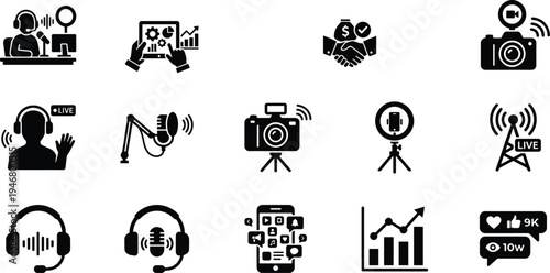Professional Content Creation and Live Streaming Icon Set Featuring Podcast Microphone Digital Camera Video Recording and Social Media Engagement Silhouettes