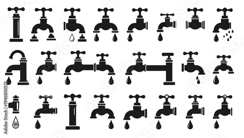Set of various modern and retro water faucet and tap icons, emphasizing plumbing and water conservation.
